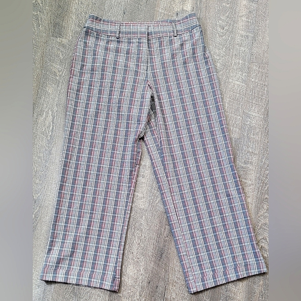 90s Y2K Vintage Plaid Straight Wide Leg Trouser Women's 12P Grey Red Blue Cuffed